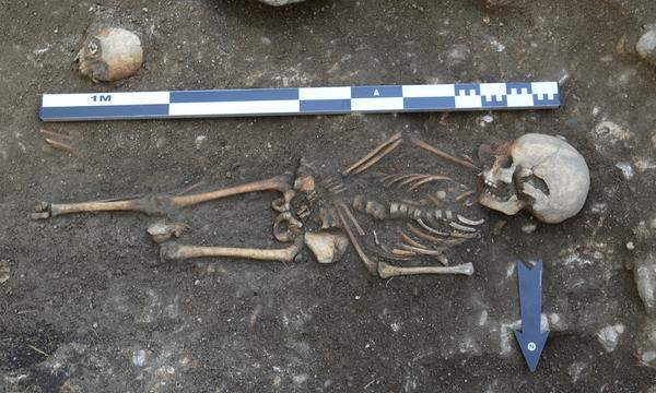 Skelett eines bei Ausgrabungen entdeckten Kindes aus einer frühmittelalterlichen Siedlung im Jauntal.