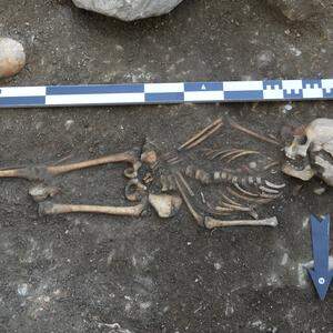 Skelett eines bei Ausgrabungen entdeckten Kindes aus einer frühmittelalterlichen Siedlung im Jauntal.