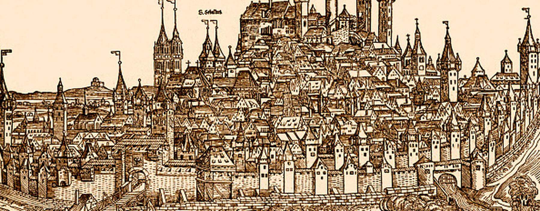 Ansicht von Nürnberg aus dem 15. Jahrhundert, aus Schedels Weltchronik. 