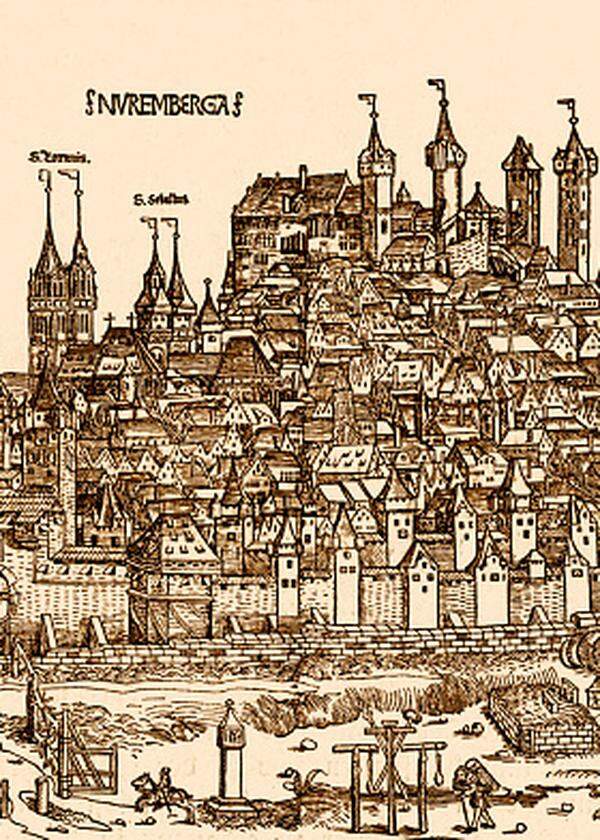 Ansicht von Nürnberg aus dem 15. Jahrhundert, aus Schedels Weltchronik. 