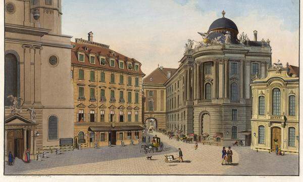 Das Aquarell von 1783 zeigt die Michaelerkirche, die Reitschulgasse, den Hofburgtrakt und das Alte Burgtheater.