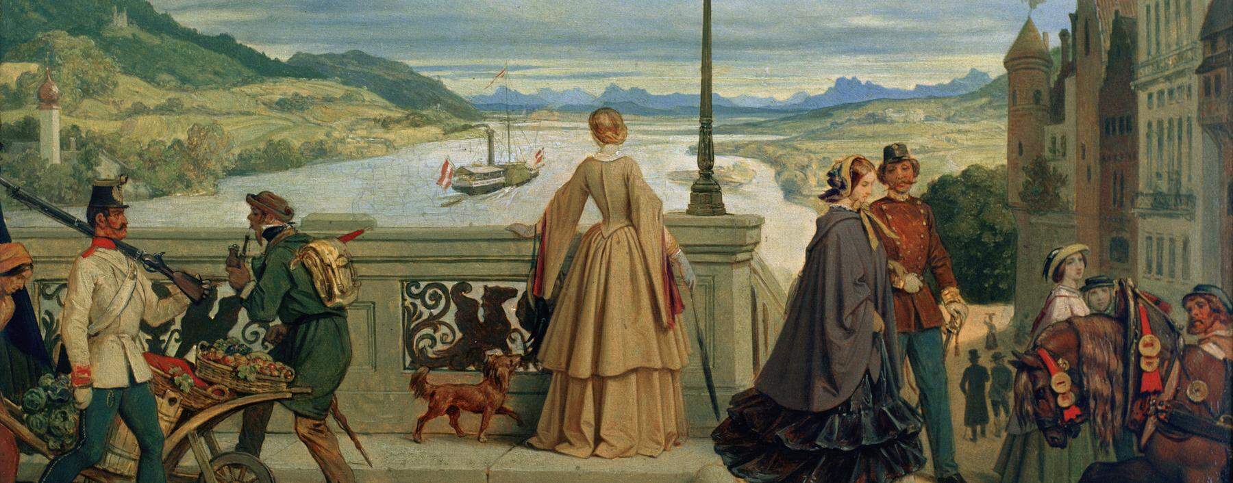 Linz warf nach 1850 das biedermeierliche Gewand ab und öffnete sich. Der Maler Moritz Schwind zeigt Passanten auf der Donaubrücke von Linz um das Jahr 1860.